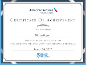 American Airlines Vacations Specialist, certificate