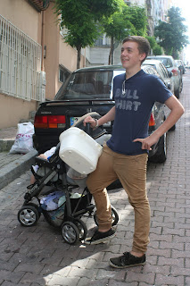 Ruskin and pushchair. Ruskin and pushchair.