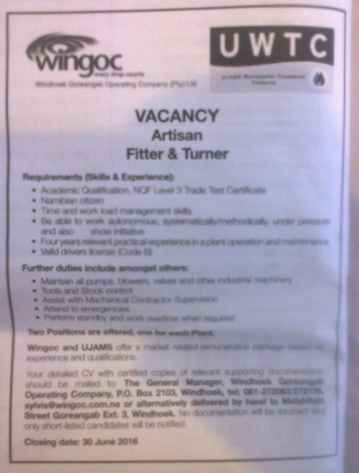 Jobs in Namibia VACANCY Fitter and Turner Wanted UWTC UJAMS Wastewater Treatment Company