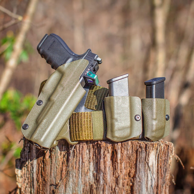 Glock 40 MOS with Trijicon RMR OWB Holster  and mag carriers, od green, od green holster, rmr holster, glock 40 holster, glock 40 10mm holster, glock 40 mos holster, glock 40 holster with rmr, od green owb holster, outside the waistband holster for glock 40 mos, owb holster for glock 40 mos,