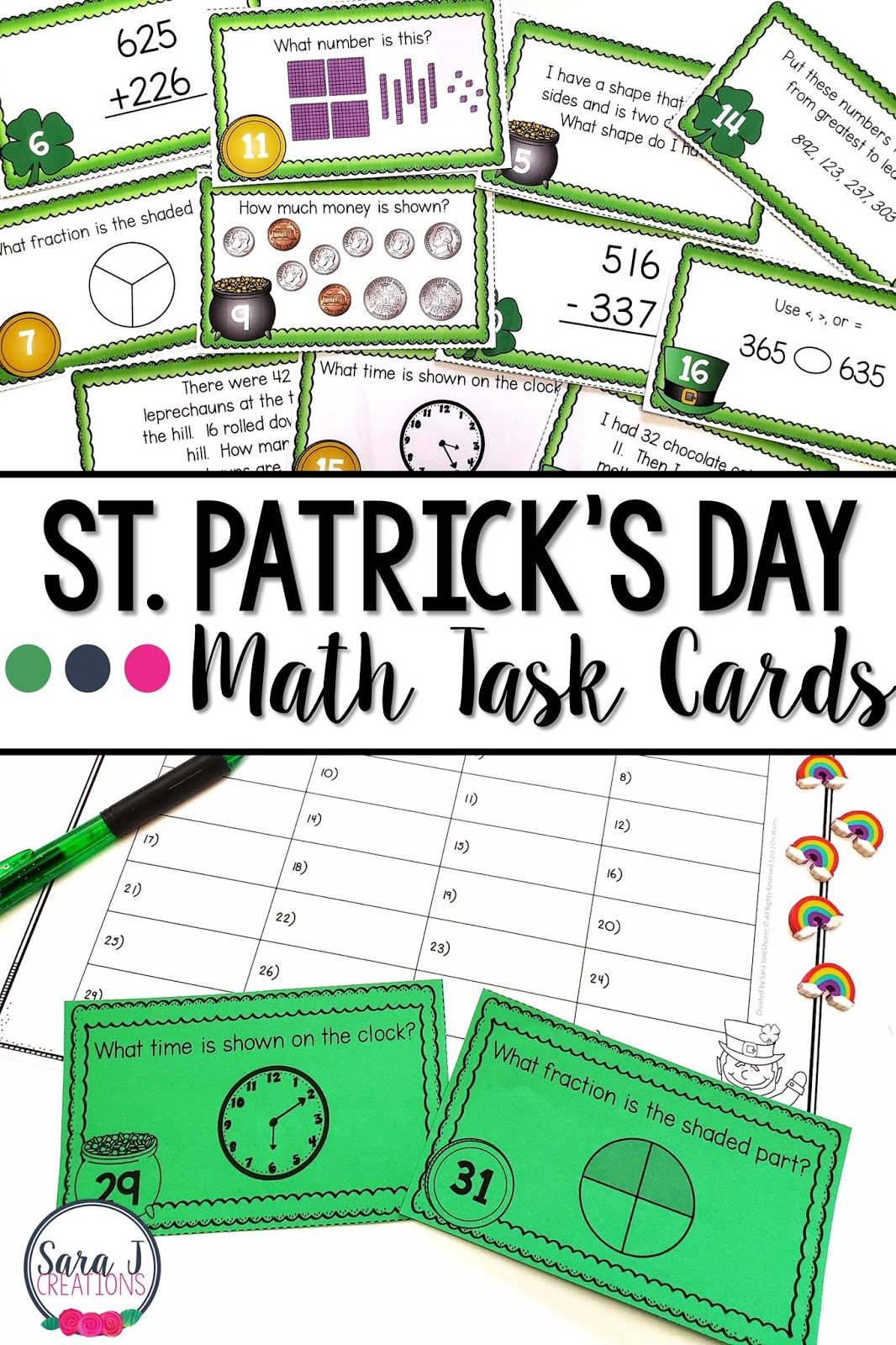 St. Patrick's Day Math Task Cards are the perfect way to practice place value, story problems, addition and subtraction, time, money and so many other important math skills. These 32 task cards make a no prep math center and serve as a review for the whole class or extra practice for fast finishers. Ideal for math practice for second grade but could also be used with first or third graders or in special education.