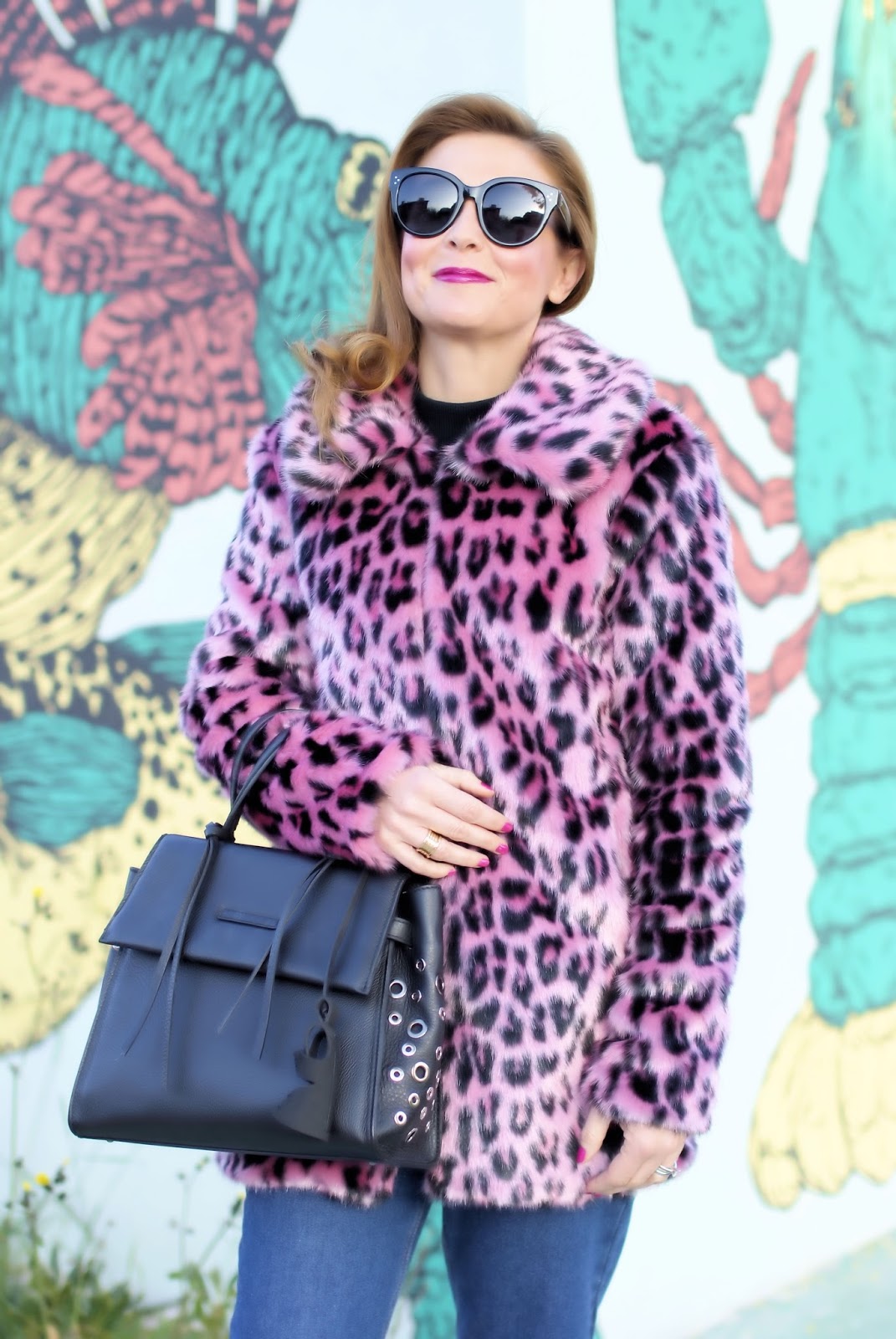 How to wear pink in the Winter: pink leopard faux fur jacket on Fashion and Cookies fashion blog, fashion blogger style