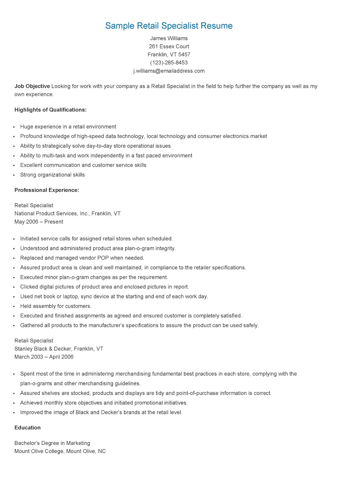 Resume Samples Sample Retail Specialist Resume