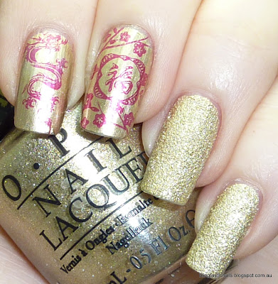 OPI Honey Ryder with Essie As Good As Gold with stamping China Glaze Heli-yum