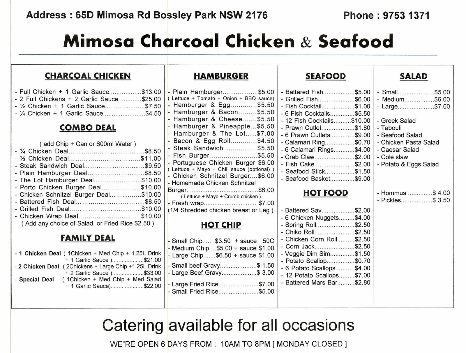 My Local Menu Mimosa Charcoal Chickens Menu