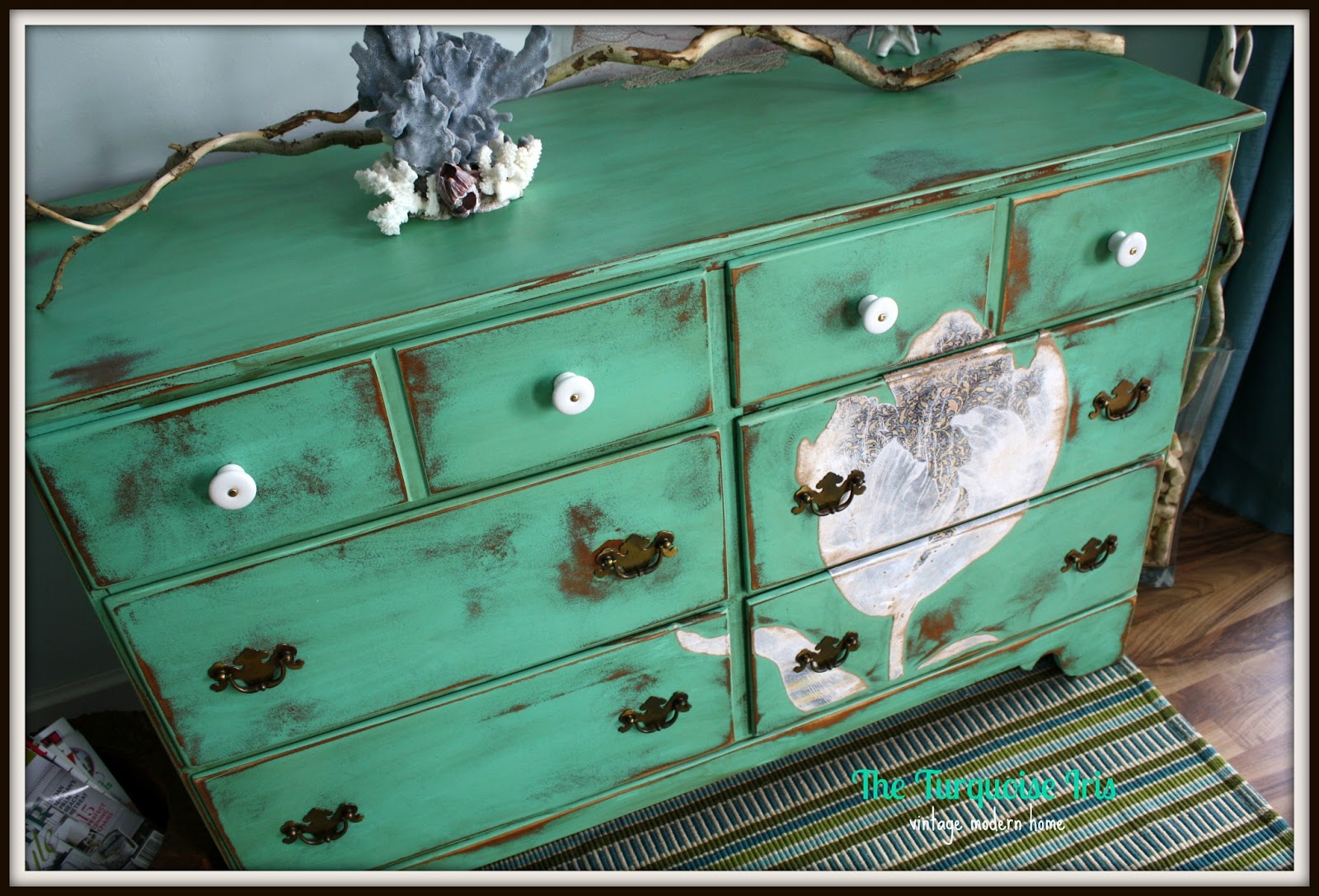 The Turquoise Iris Furniture & Art Mint Green Distressed Dresser