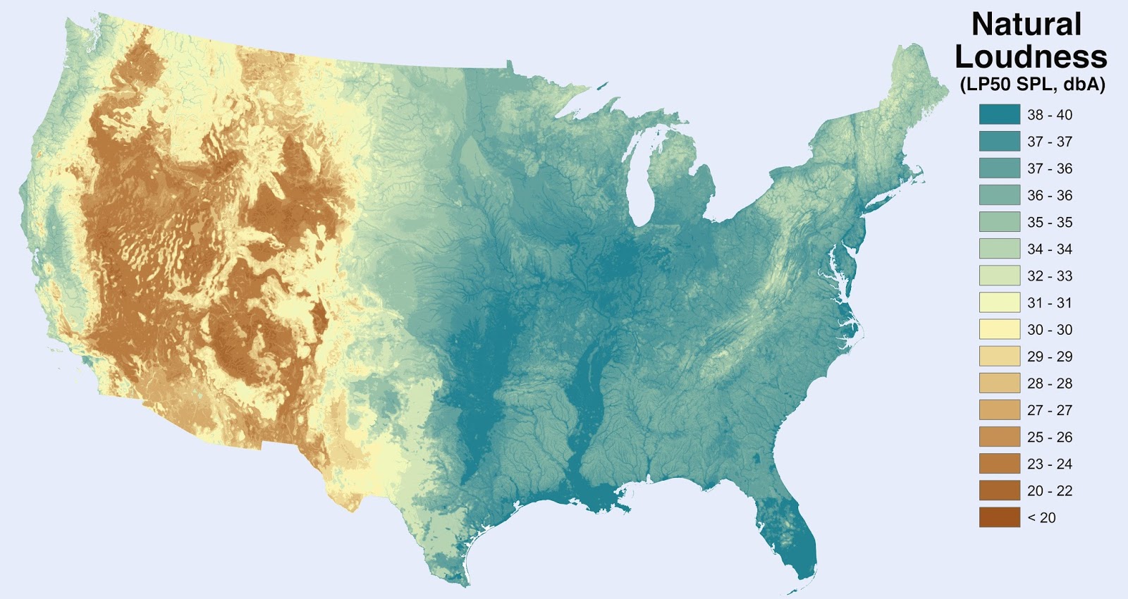 Noise level from natural sources in the U.S. (excluding humans and human activity)