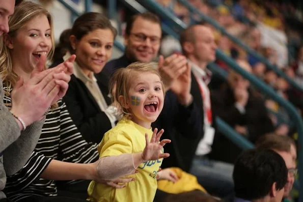 Crown Princess Victoria of Sweden, Prince Daniel and Princess Estelle of Sweden watch the Euro Hockey Tour game between Sweden and Finland at the Hovet Arena