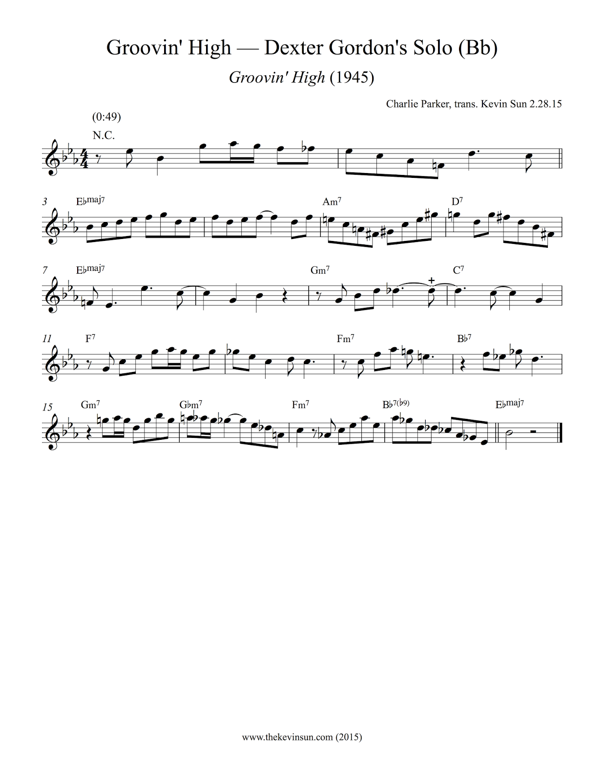 Dexter Gordon Jazz Saxophone Bebop Solo Transcription - "Groovin' High"