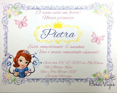 convite artesanal infantil aniversário princesa sofia lilas branco dourado menina