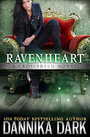 Ravenheart book cover, blackhaired woman in leather sitting on a green oversized chair, a dagger in her hand. Green damasque wallpaper behind her, drops of blood dripping from her blade