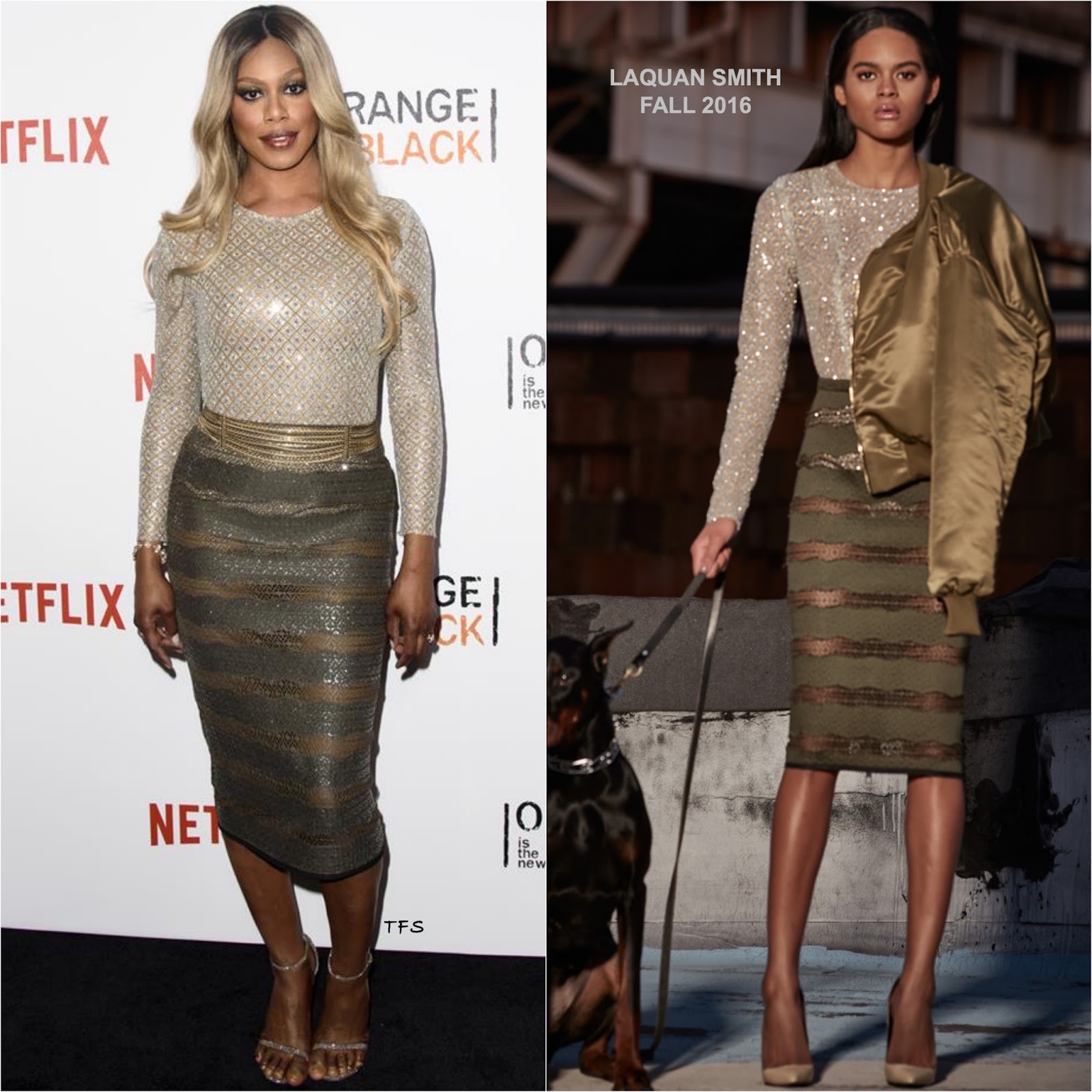 Laverne Cox in LaQuan Smith at the Orange Is The New Black Season Four