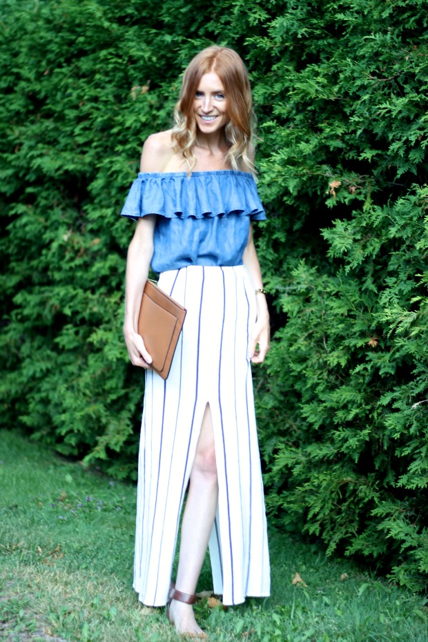 Blue and white for Summer- Tobi Crushing Hearts Striped Skirt ,Forever 21 Chambray Off the Shoulder Top