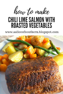Chili Lime Salmon with Roasted Vegetables: Crispy fish on the outside and juicy and succulent on the inside, served along the BEST combination of roasted veggies! Slice of Southern