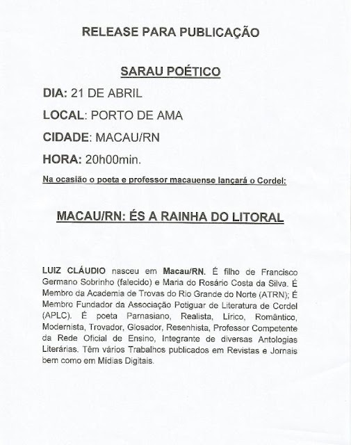 Lançamento do livro Macau/RN: És a rainha do litoral é cultura no porto de ama dia 21
