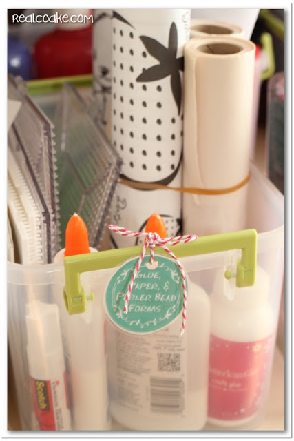 Great Craft Organization of kids craft supplies using printable labels. #Crafts #Kids #Organizing #RealCoake