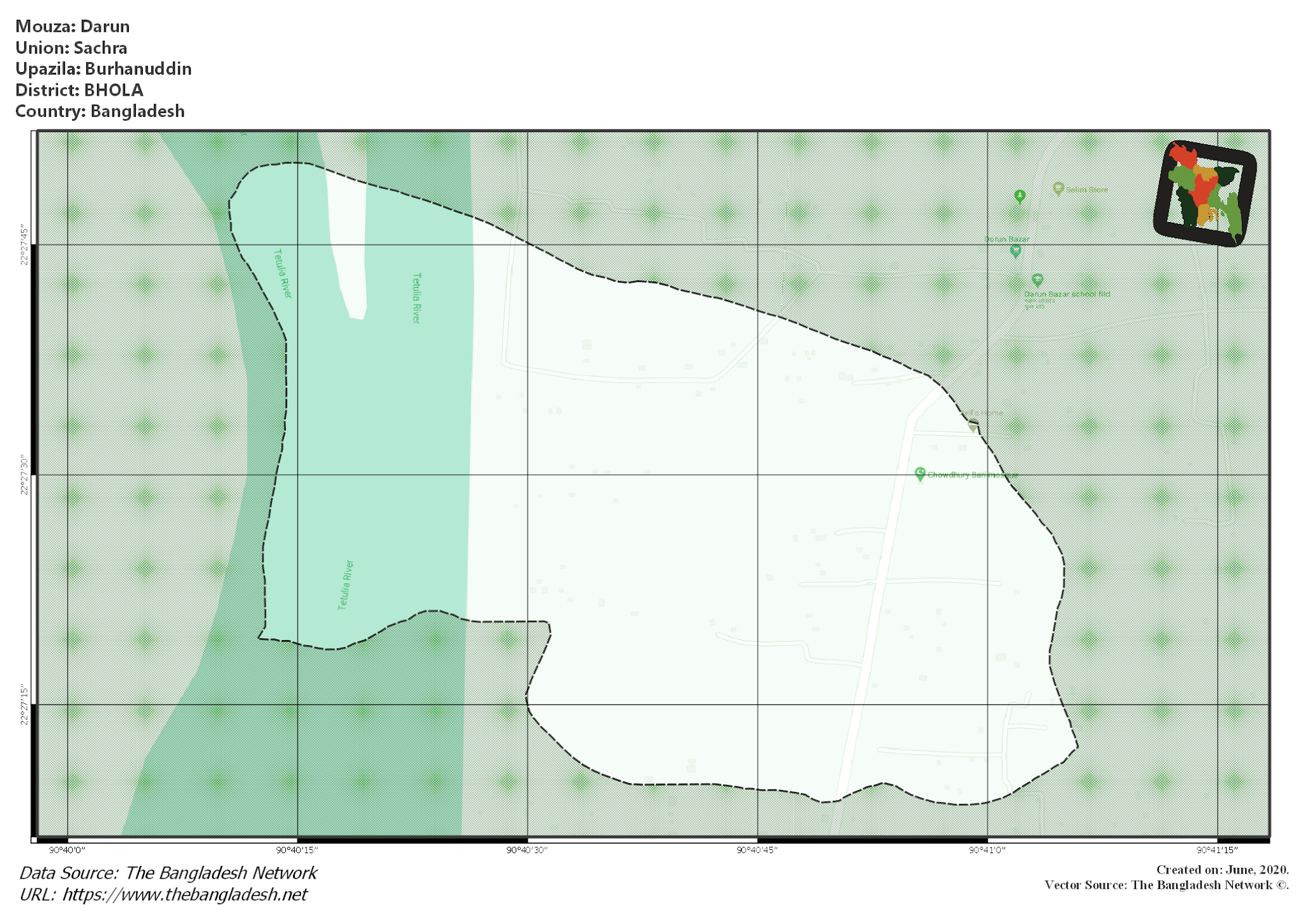 Map of Darun Mouza of Burhanuddin Upazila, BHOLA, Bangladesh.