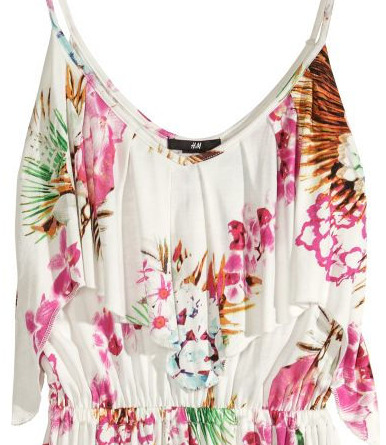 White maxi dress with colorful tropical pattern, from H&M