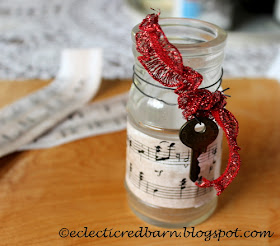 Eclectic Red Barn: Old bottles with sheet music ribbon and old key