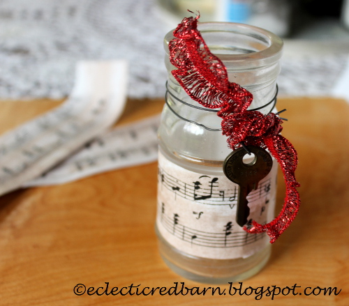 Eclectic Red Barn: Old bottles with sheet music ribbon and old key