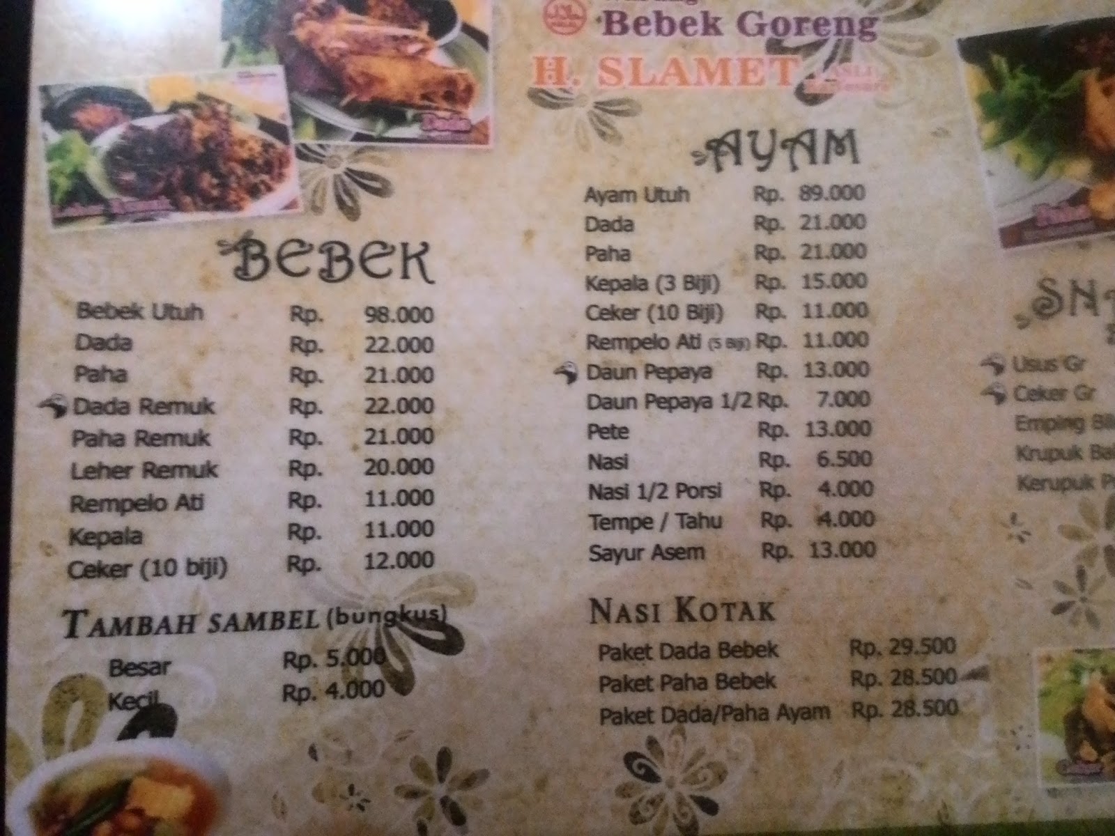 Daftar Menu Lengkap Warung Bebek Goreng Slamet GKB Official Website