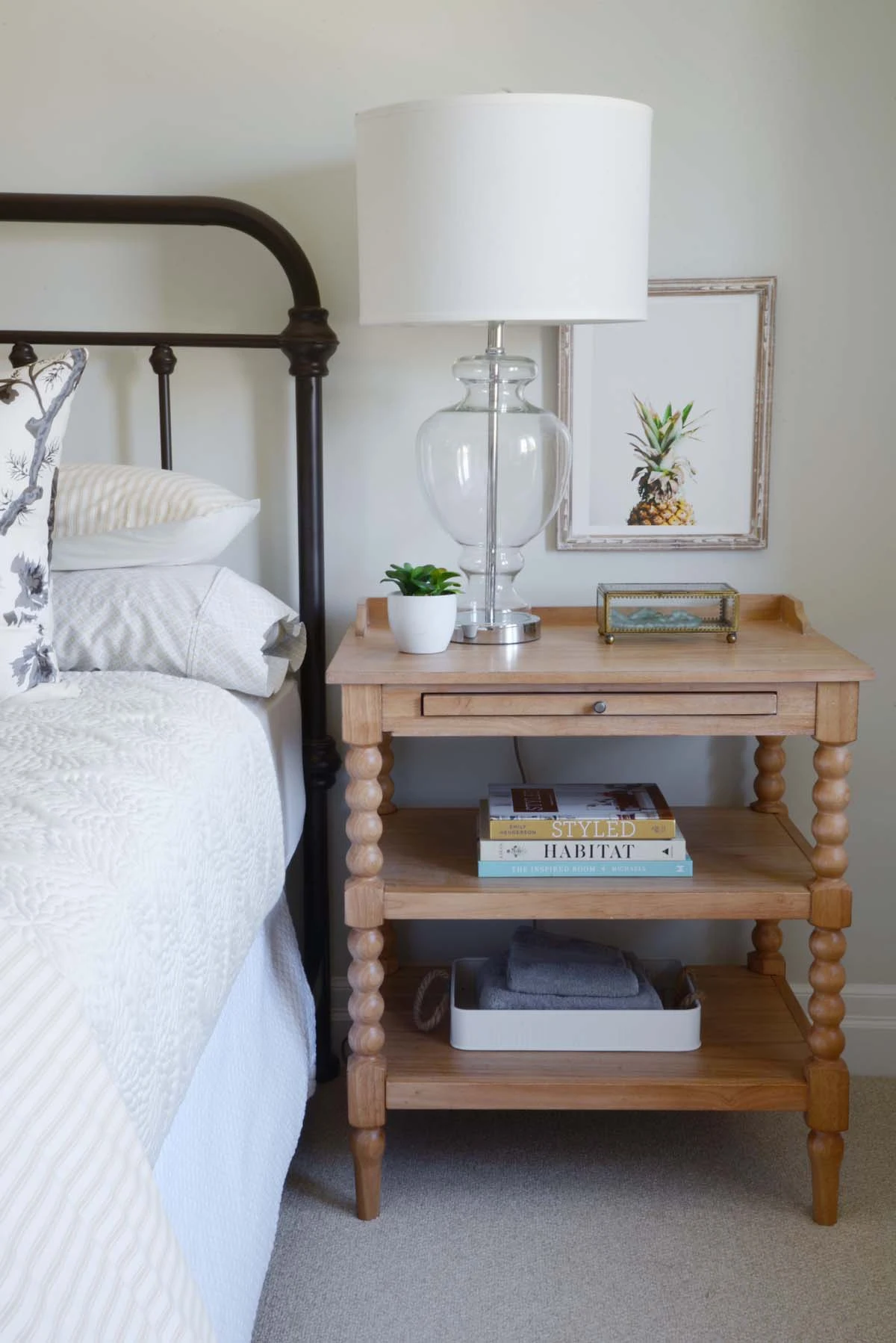 farmhouse guest bedroom, spool side table, simple guest bedroom