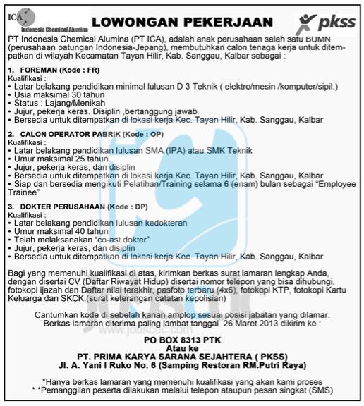 Lowongan Kerja Pt Indonesia Chemical Alumina Pt Ica Antam Group Posisi Foreman Operator Pabrik Dokter Maret 2013 Rekrutmen Lowongan Kerja Bulan Juni 2021