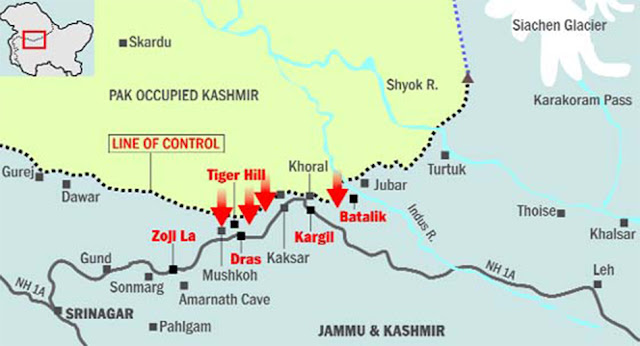Infiltration of Pakistani soldiers were also noticed in Dras, Kaksar and Mushkoh sectors showed on map. Kargil Vijay Diwas, Kargil Vijay Divas Picture