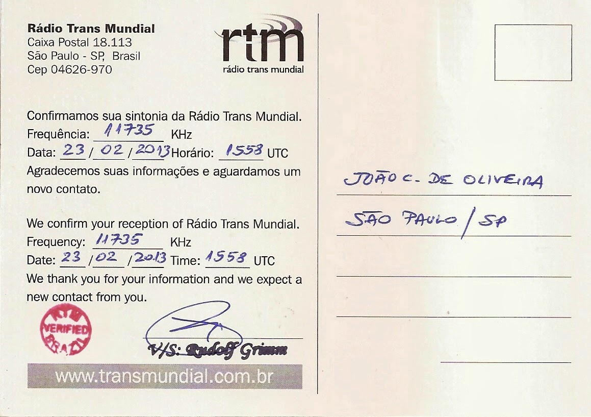 QSL do BRASIL Rádio TRANS MUNDIAL