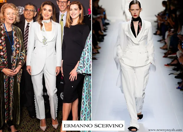 Queen Rania wore Ermanno Scervino jacket and trousers from Spring Summer 2018 Ready To-Wear Collection