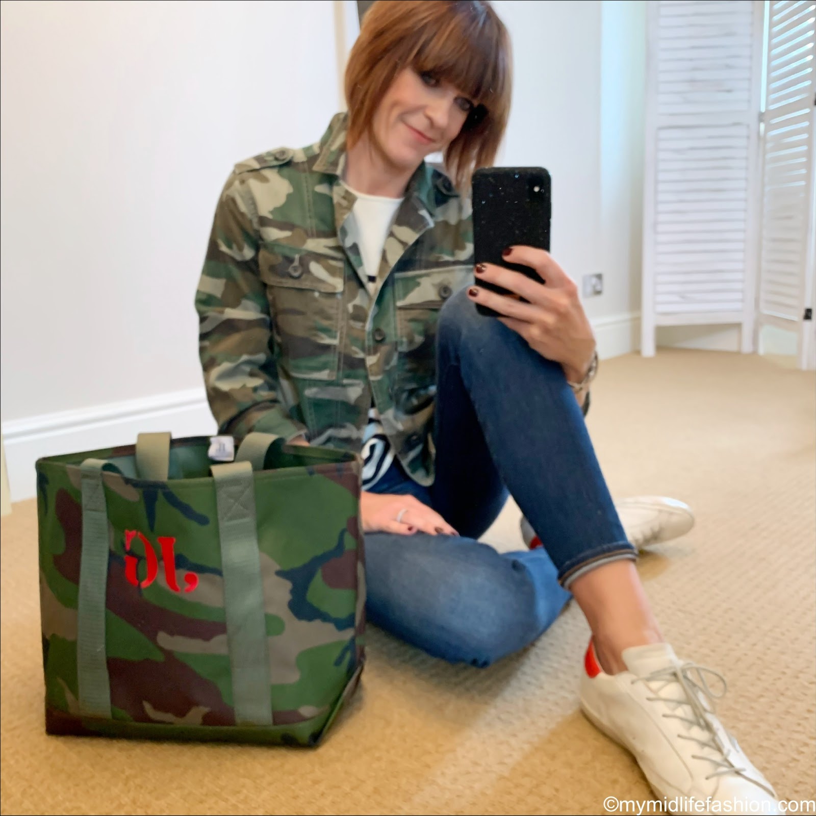 my midlife fashion, j crew camouflage overskirt, sezane Loïc stripe top, j crew 8 inch stretchy toothpick jeans, golden goose superstar low top leather trainers, initially London Charlton tote