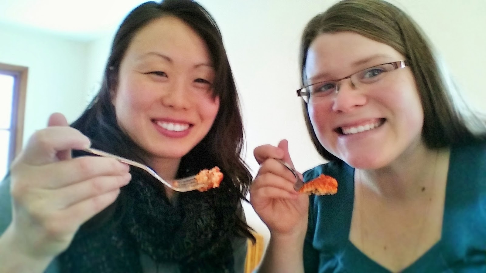 Jeni Flaa from Jeni Eats and Val Plagge from Corn, Beans, Pigs and Kids enjoying Iowa Ham Balls Enjoying Ham Balls - an Iowa Classic