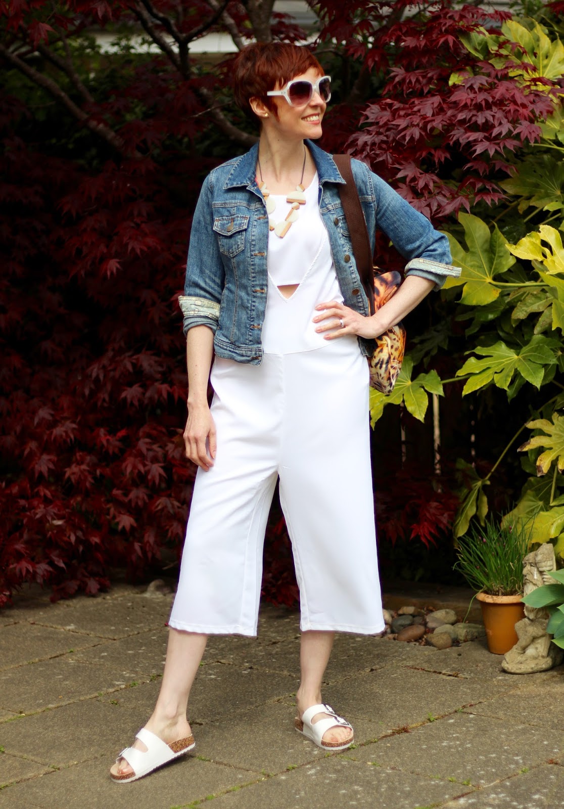 How to Wear a White Peek-a-Boo Culotte Jumpsuit, Over 40 | Casual with Denim