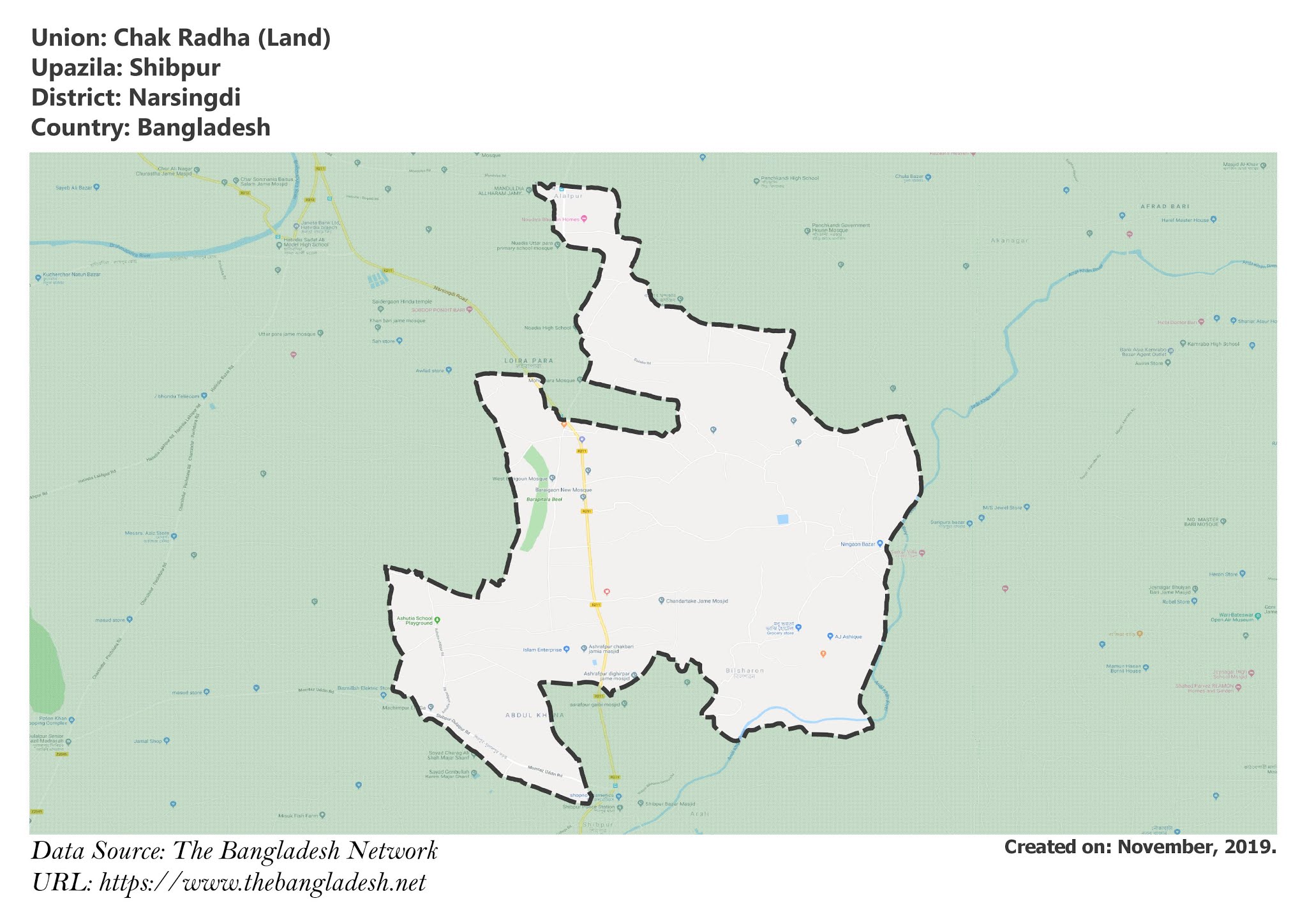 Map of Chak Radha of Narsingdi, Bangladesh.