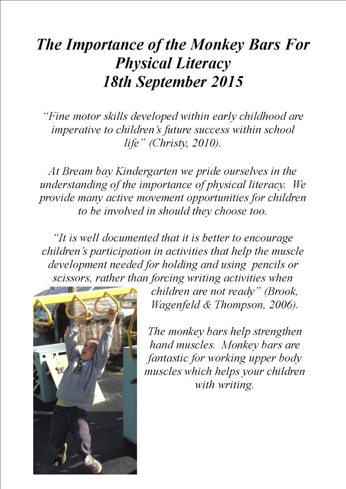 Bream Bay Kindergarten The importance of the Monkey Bars for Physical