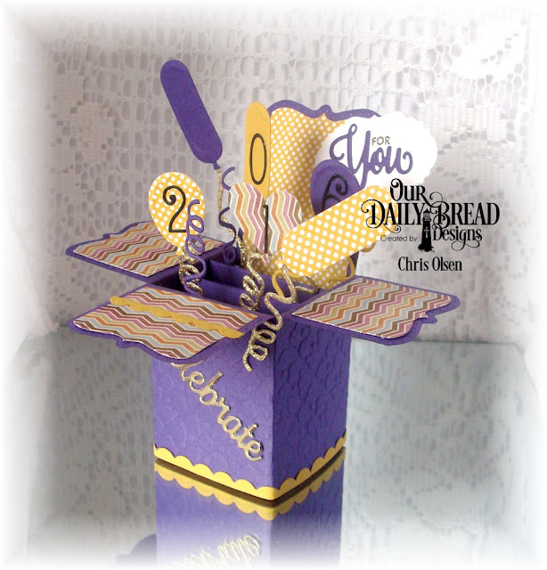Our Daily Bread Designs, You Bless Me So, Surprise Box Die, Balloons and Streamers, Bitty Borders, Mini Tags and Labels, Celebrate and Wish, Numbers, Birthday Brights Paper, designed by Chris Olsen