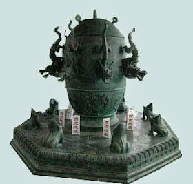 Chinese signaling infrasound receiver, ancient seismograph, cup with dragons, frogs opened mouth