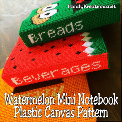 Get organized with these fun and easy mini notebook free plastic canvas patterns.  This watermelon notebook cover is a fun way to decorate with inspiration and a little bit of sweetness using the free plastic canvas mini notebook pattern and alphabet.