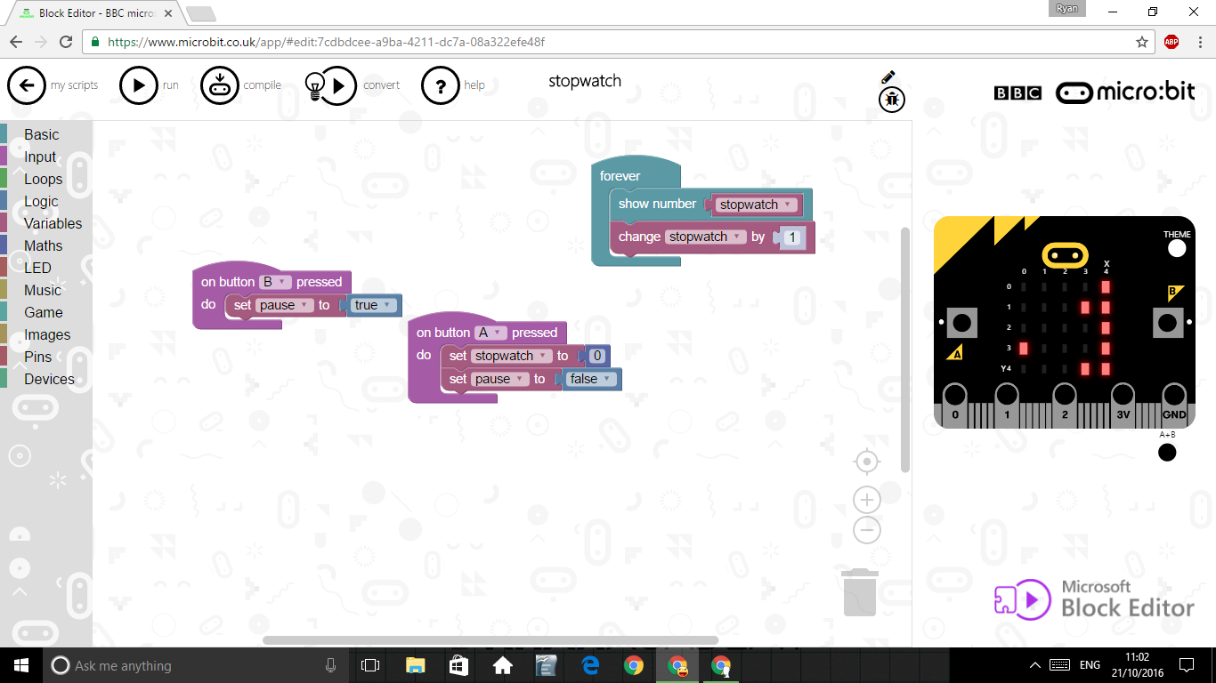 My MICROBIT by bit Day Two Stopwatch Part One