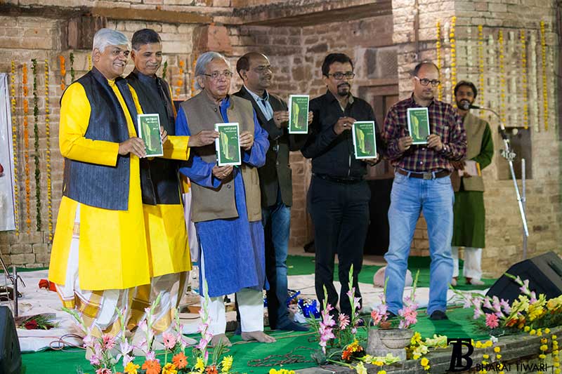 Book release L-R Umakant Gundecha, Ramakant Gundecha, Ashok Vajpeyi, Deo Prakash Choudhary, Manish Pushlake, Shivkesh Mishra and Chandra Prakash Tiwari— Photo © Bharat Tiwari
