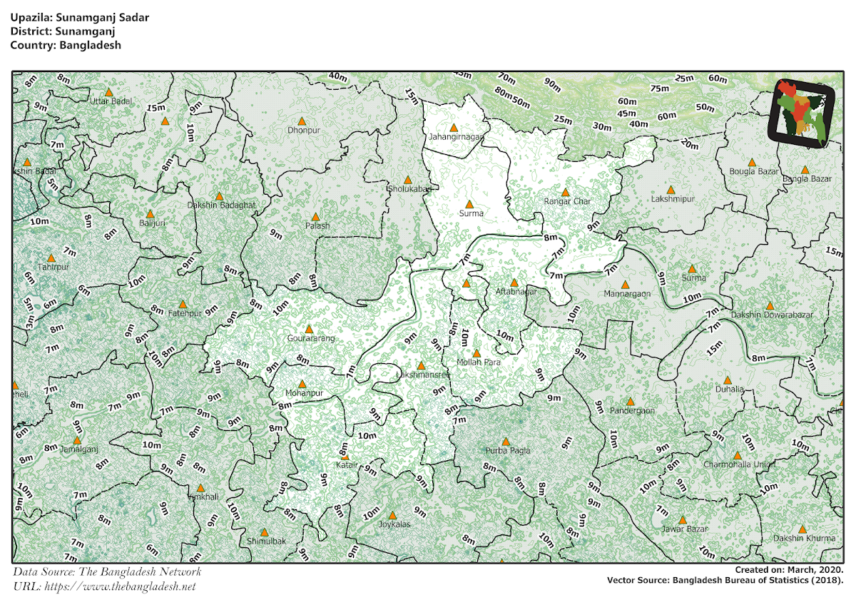 Sunamganj Sadar Upazila Elevation Map Sunamganj District Bangladesh