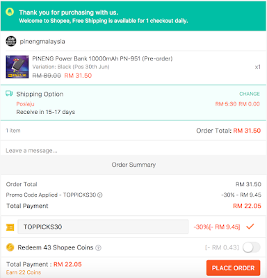 Shopee Promo Code Malaysia Pineng Power Bank 10000 mAh PN-951 Discount Price