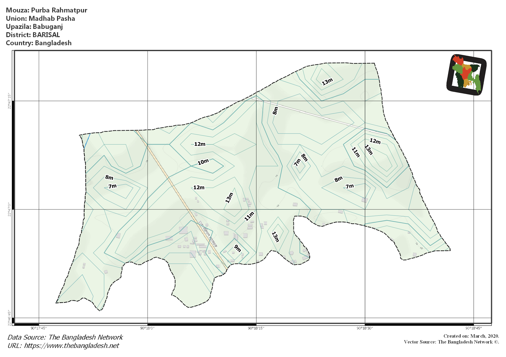 Map of Purba Rahmatpur Mouza of Babuganj Upazila, BARISAL, Bangladesh.