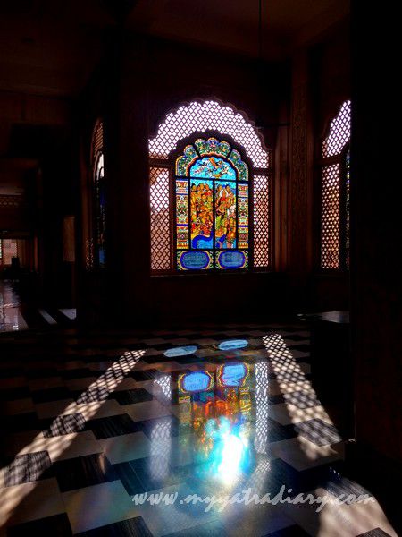 Beautiful stained glass window reflections vedic art gallery - ISKCON Jaipur, Rajasthan