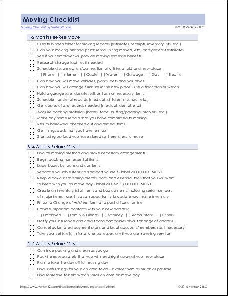 Simple Moving Checklist Template Excel