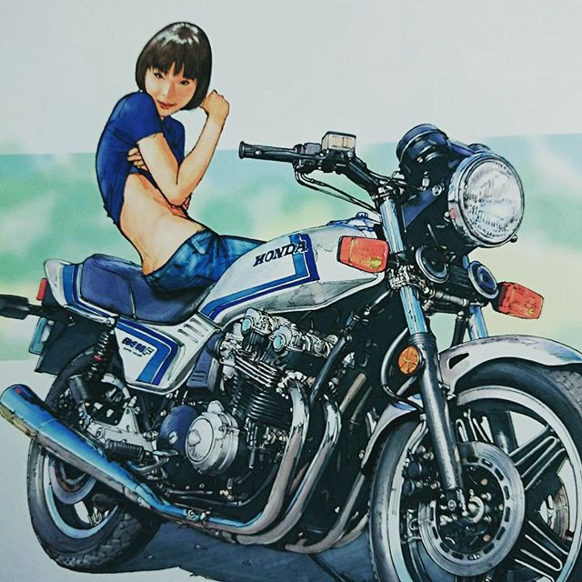 Watercolour of Jabanese girl and Honda CB900