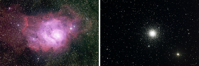 M8 - The Lagoon Nebula in Sagittarius (left) and M3 - Globular Cluster in Canes Venatici (right)  Imaged by 8th-grade students in Mr. Daniel's science class from PCIS, Plymouth, MA.