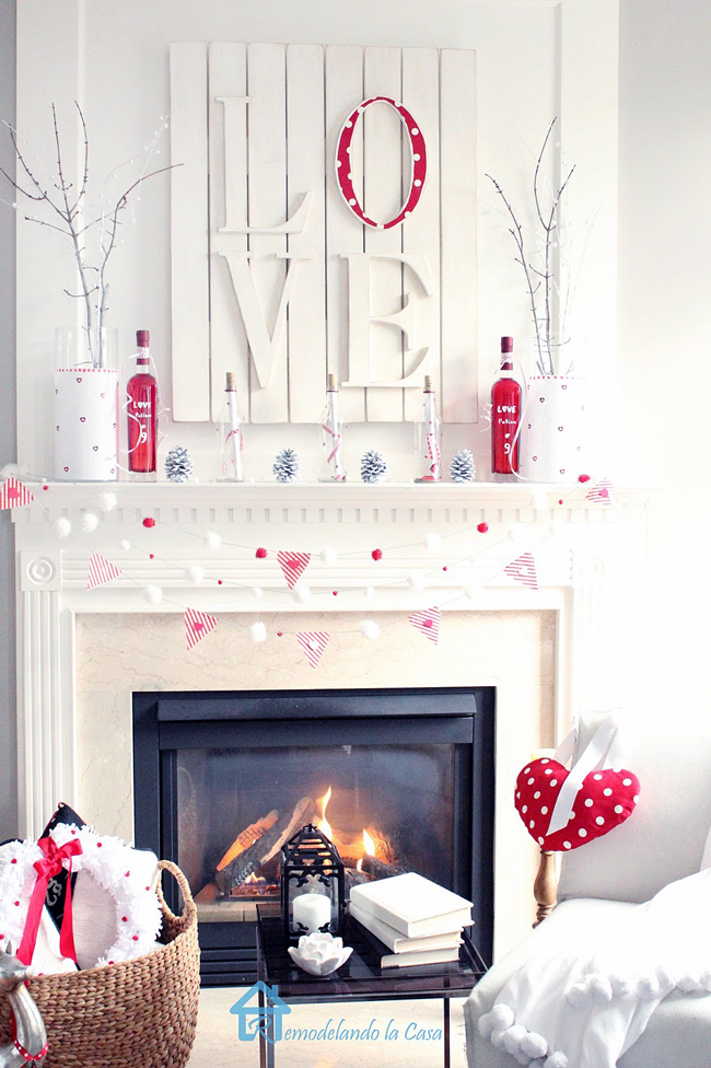 red Love potion No.9 bottles on white and red mantel