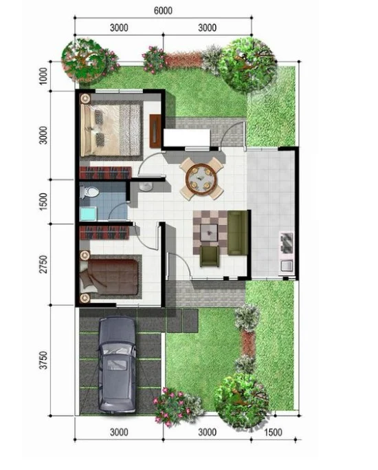 denah rumah minimalis dengan lebar 7 meter 1 lantai