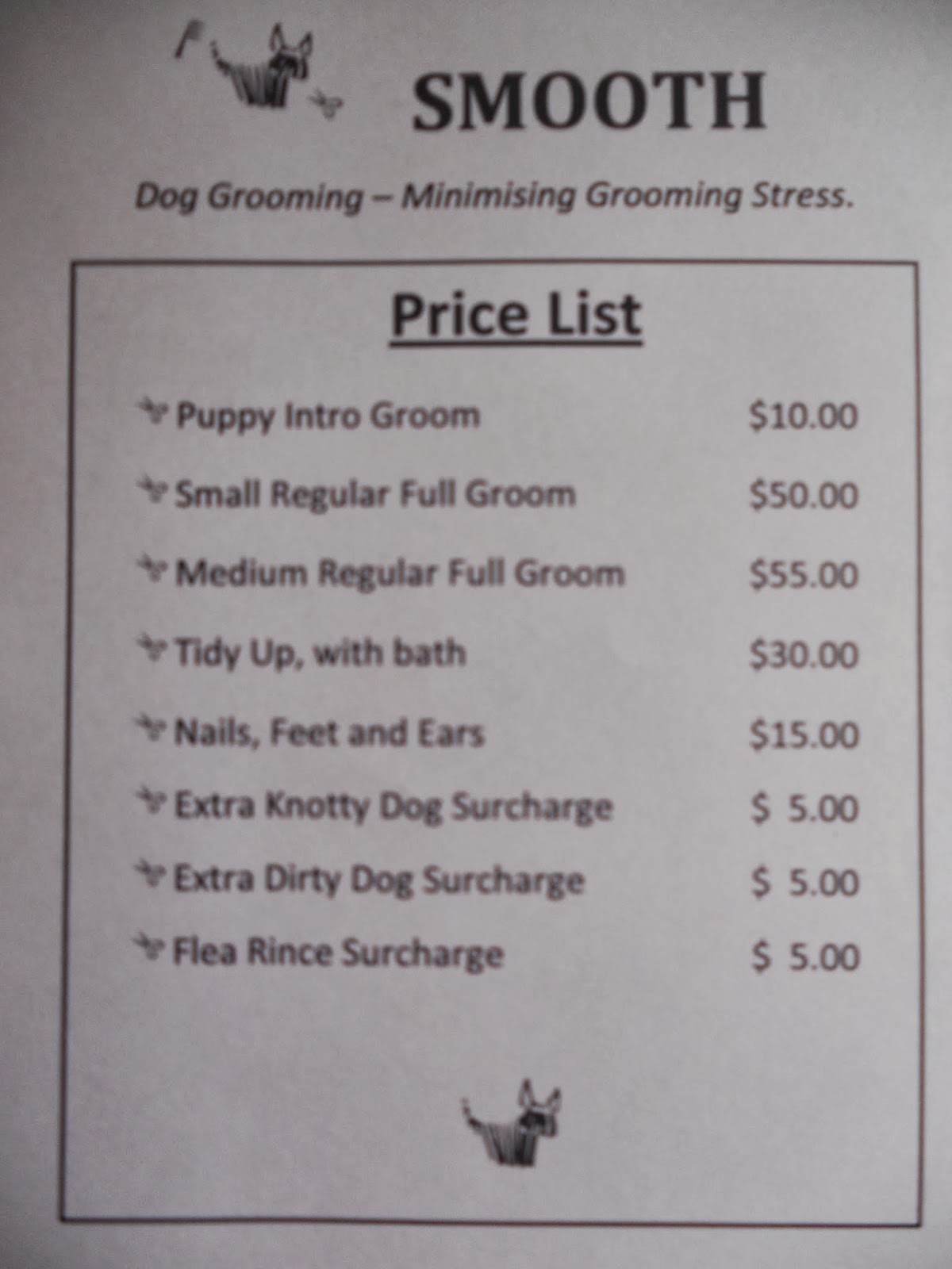 SMOOTH Dog Grooming PRICE LIST